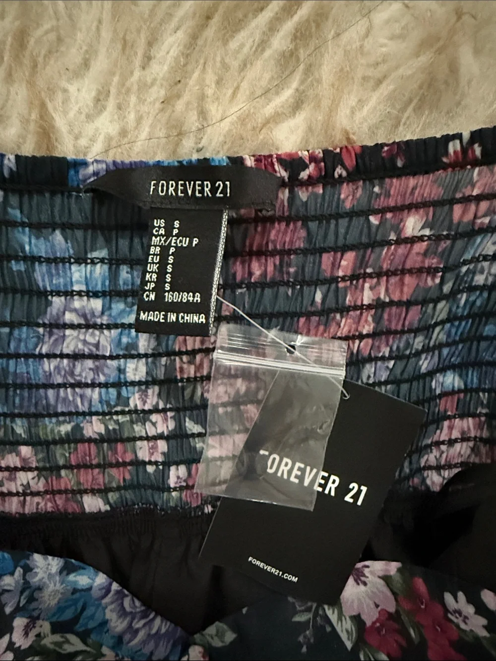 Forever 21 Black Floral Puff-Sleeve Dress with Blue, Purple, and Pink Blooms